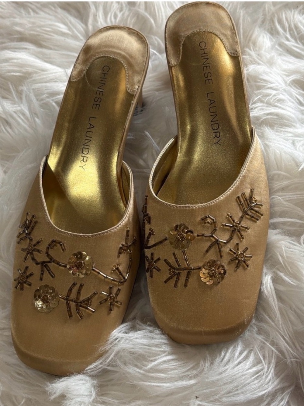 Vintage 90s Beaded Mule Slides Gold 8 Embellished Square Toe Y2K Heel Block